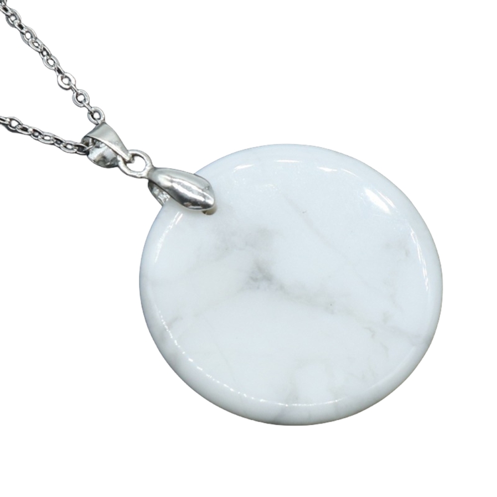 30MM Flat Round Gemstone Disc Pendant Necklace 45CM Silver O Chain
