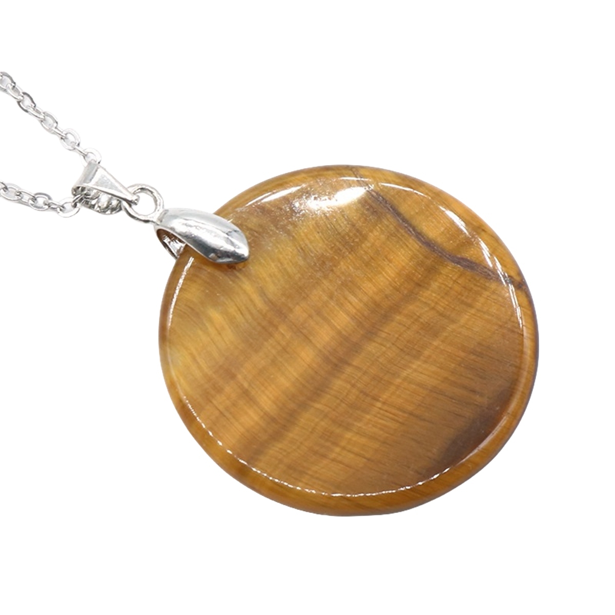 30MM Flat Round Gemstone Disc Pendant Necklace 45CM Silver O Chain