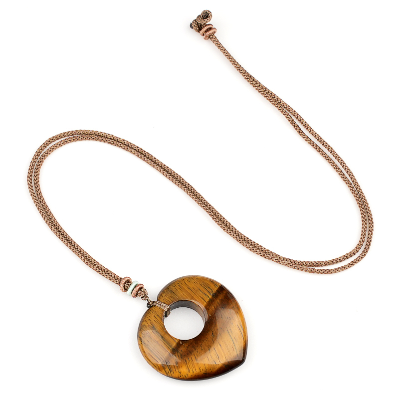 Gemstone 40MM Love Heart Stone Pendant Necklace Adjustable Rope