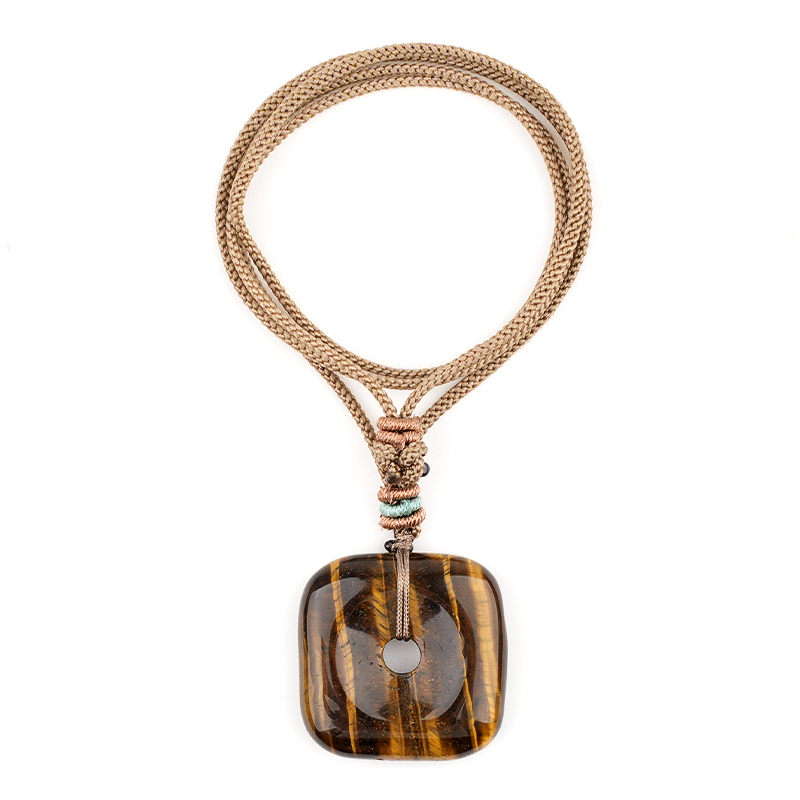 30MM Square Disc Lucky Coin Pingan Pendant Necklace Adjustable Color Rope