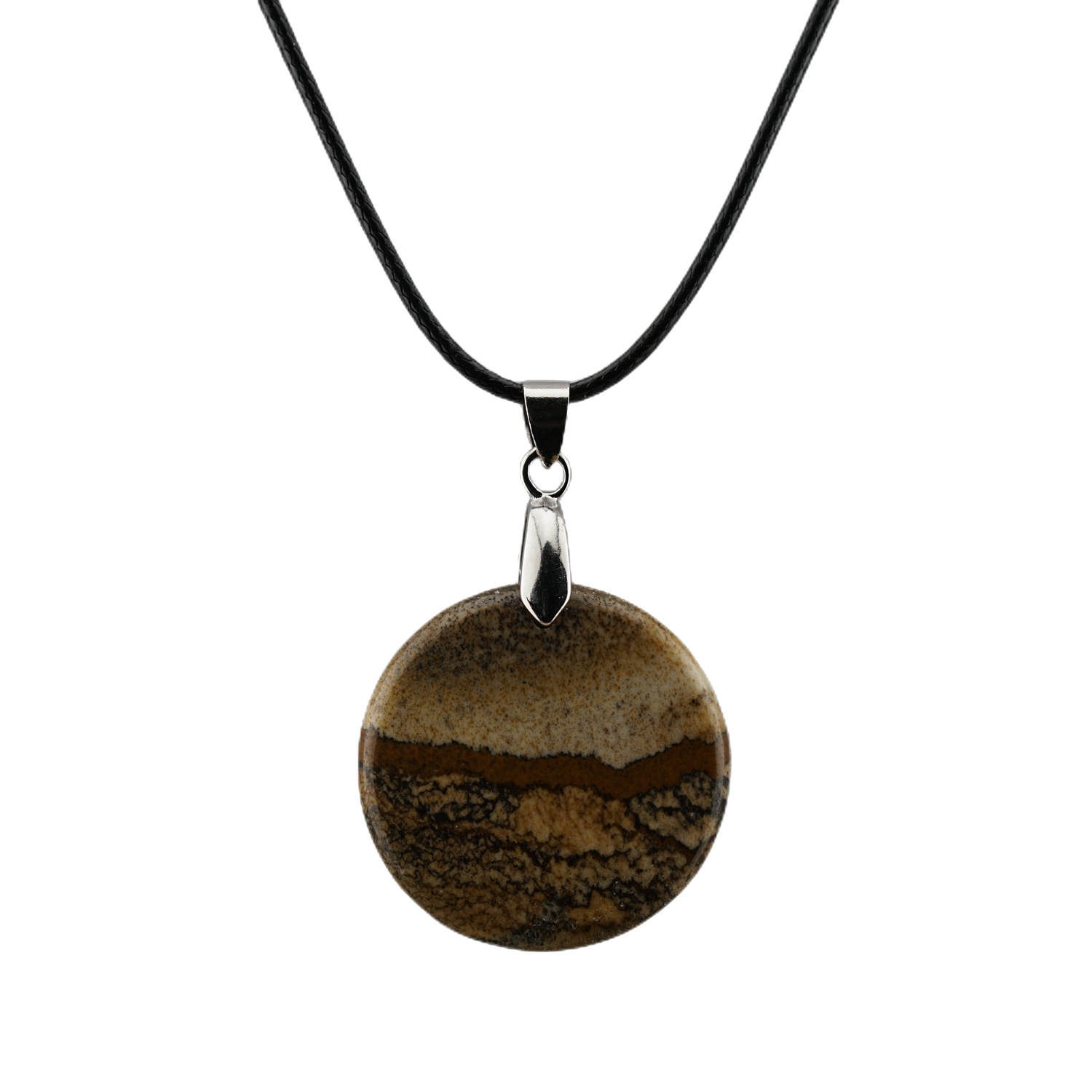 30MM Flat Round Gemstone Disc Pendant Necklace 45cm Black Cord