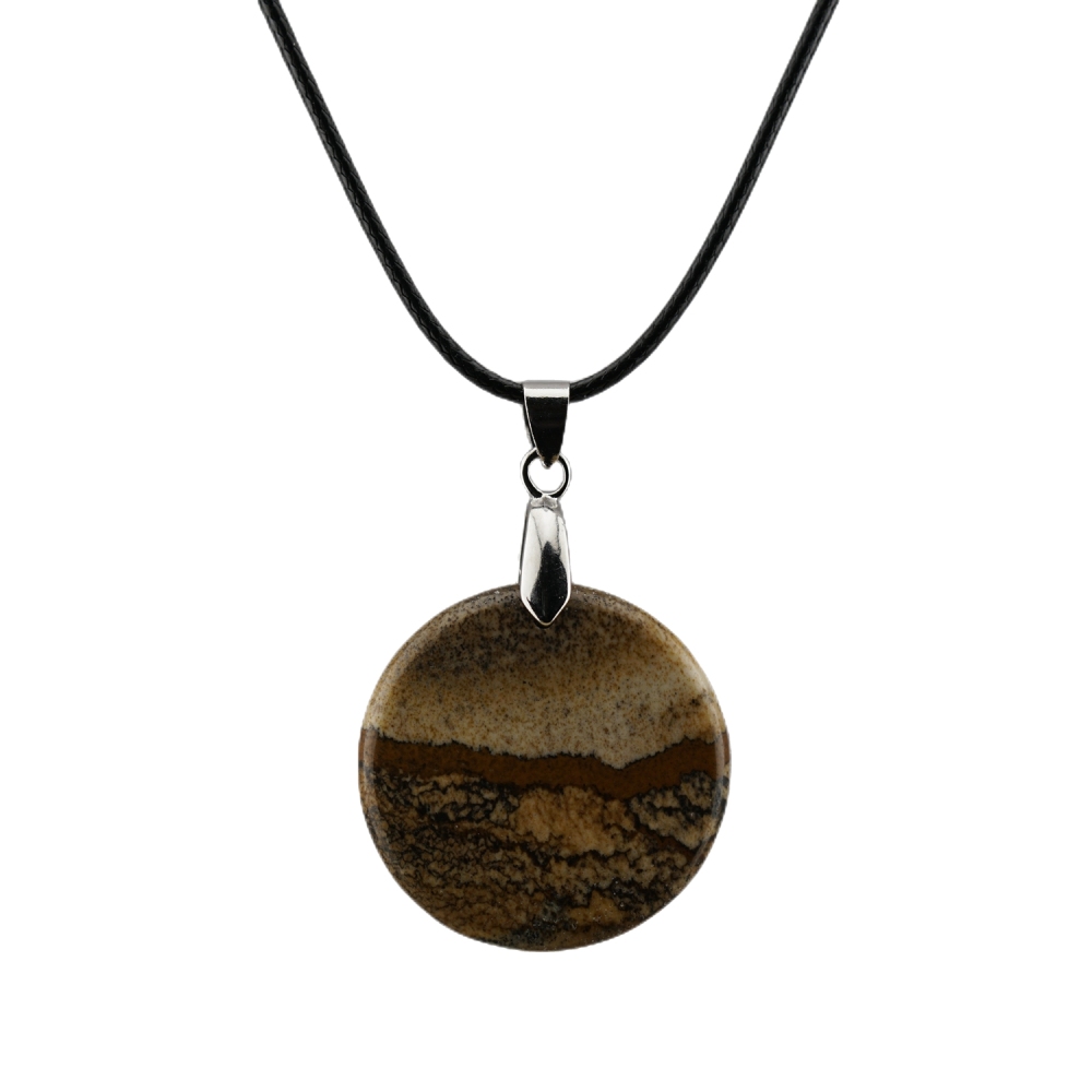 30MM Flat Round Gemstone Disc Pendant Necklace 45cm Black Cord