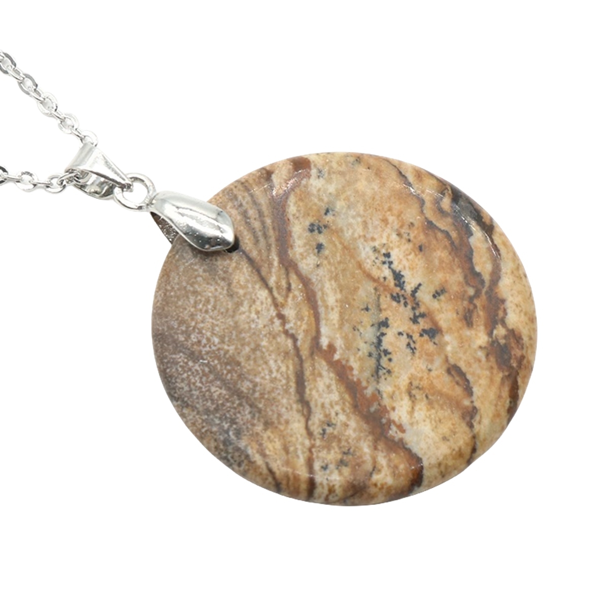 30MM Flat Round Gemstone Disc Pendant Necklace 45CM Silver O Chain