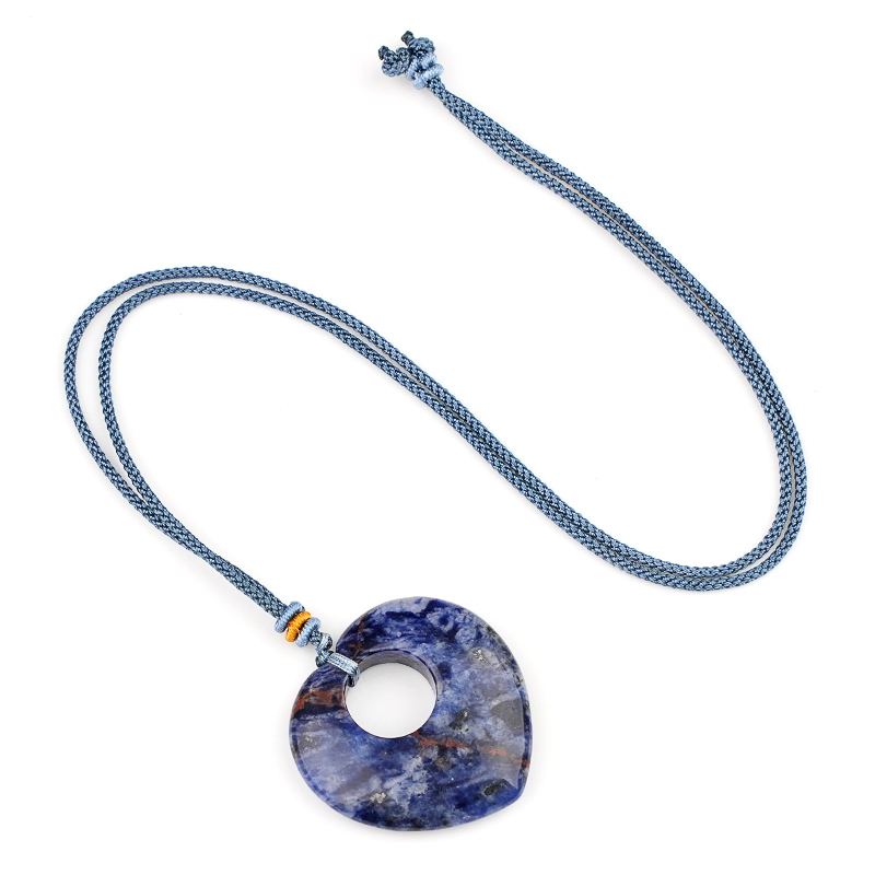 Gemstone 40MM Love Heart Stone Pendant Necklace Adjustable Rope