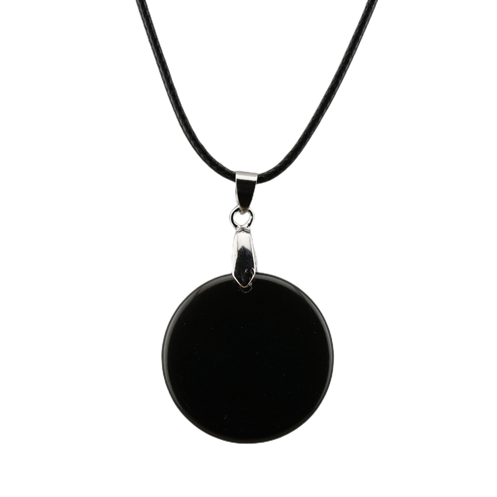 30MM Flat Round Gemstone Disc Pendant Necklace 45cm Black Cord