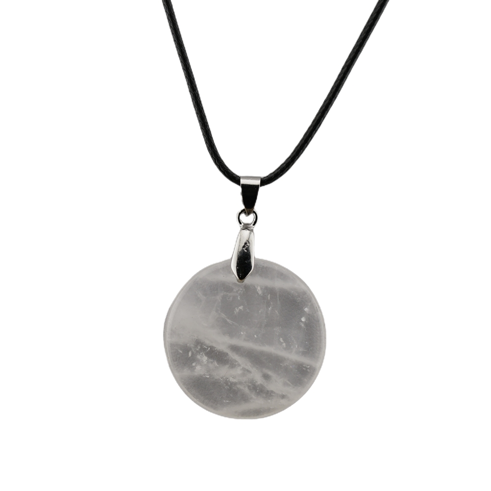 30MM Flat Round Gemstone Disc Pendant Necklace 45cm Black Cord