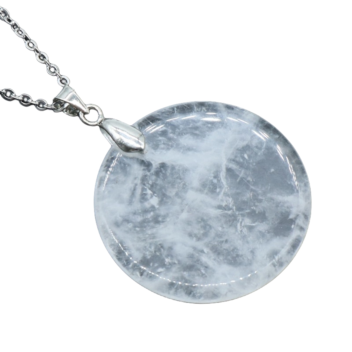 30MM Flat Round Gemstone Disc Pendant Necklace 45CM Silver O Chain