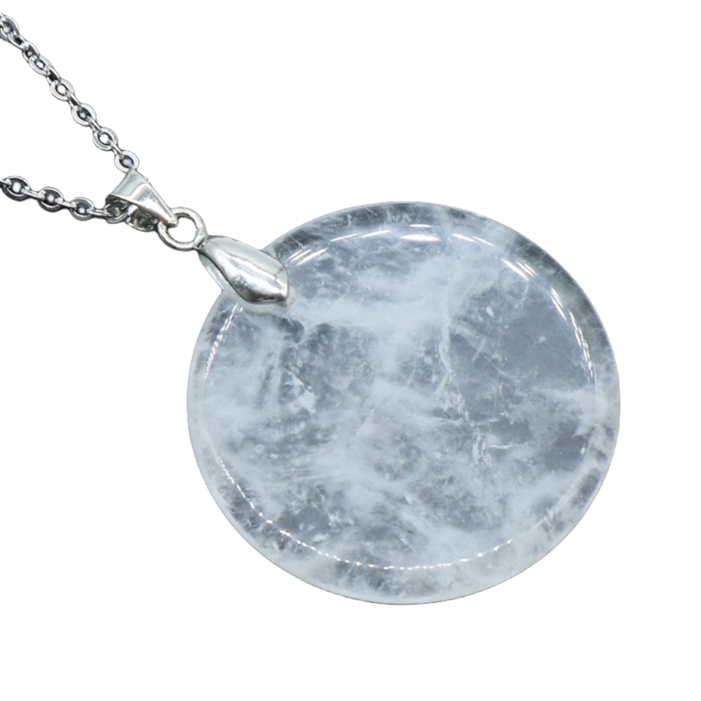 30MM Flat Round Gemstone Disc Pendant Necklace 45CM Silver O Chain