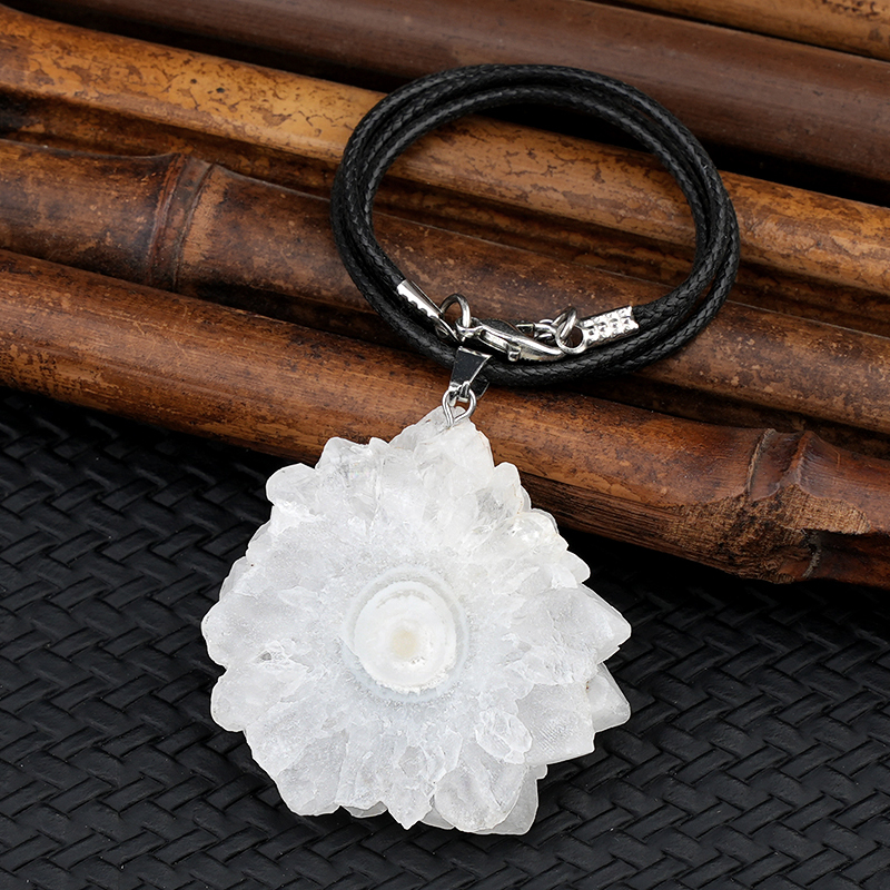 Druzy Agate Crystal Flower Pendant Necklace 45CM Black Cord