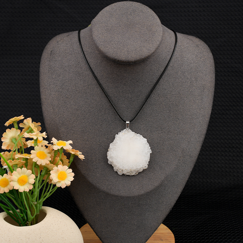 Druzy Agate Crystal Flower Pendant Necklace 45CM Black Cord