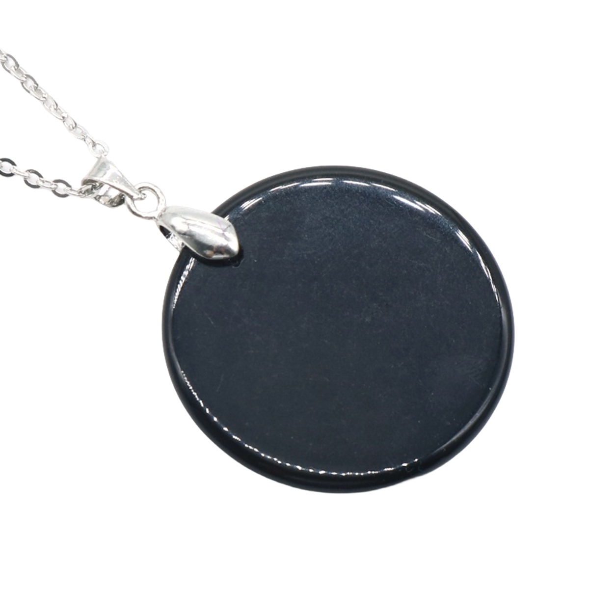 30MM Flat Round Gemstone Disc Pendant Necklace 45CM Silver O Chain