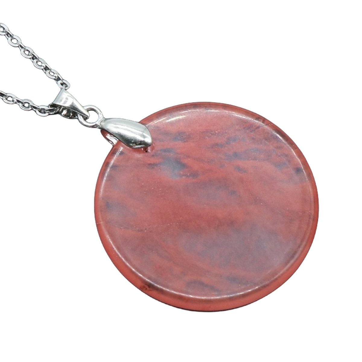 30MM Flat Round Gemstone Disc Pendant Necklace 45CM Silver O Chain