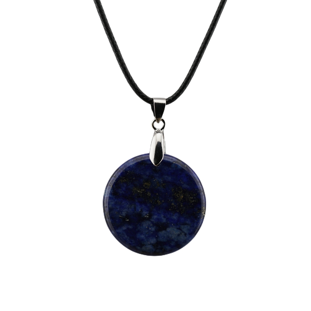 30MM Flat Round Gemstone Disc Pendant Necklace 45cm Black Cord