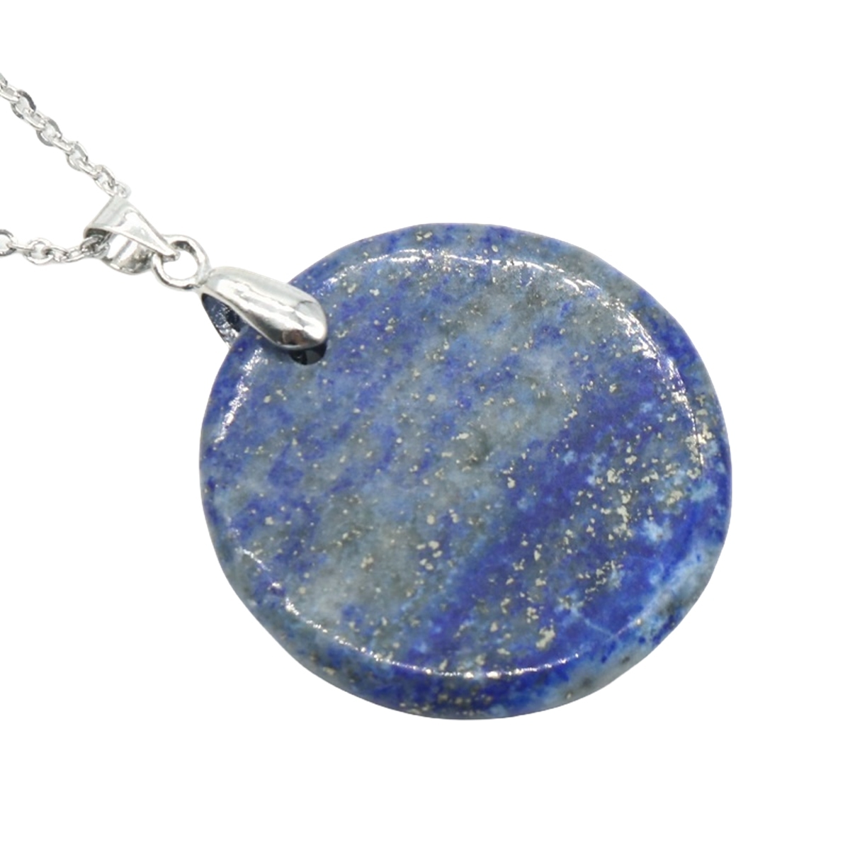 30MM Flat Round Gemstone Disc Pendant Necklace 45CM Silver O Chain