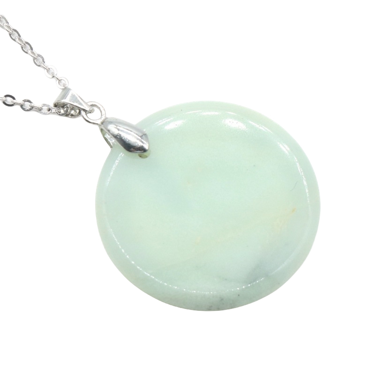 30MM Flat Round Gemstone Disc Pendant Necklace 45CM Silver O Chain