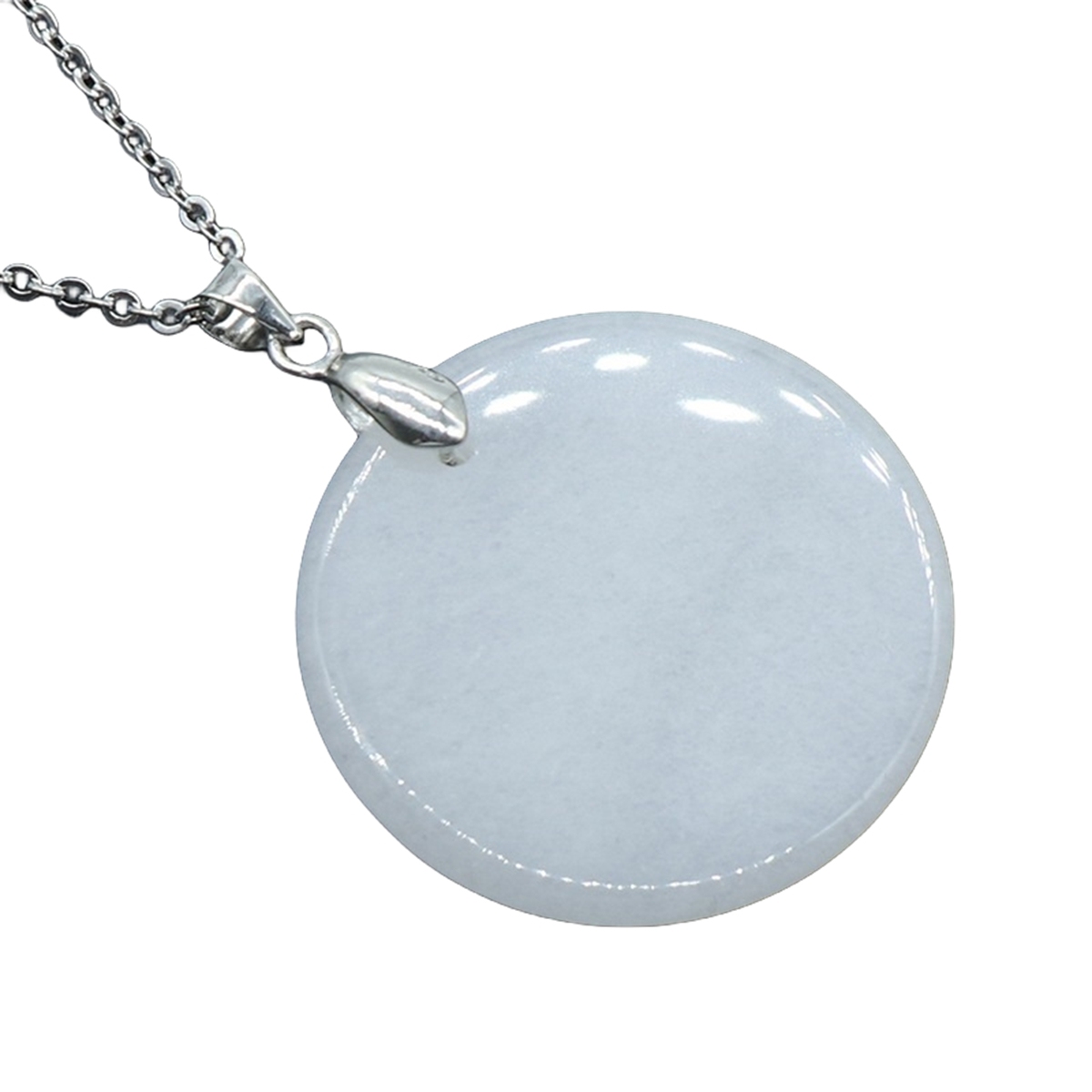 30MM Flat Round Gemstone Disc Pendant Necklace 45CM Silver O Chain