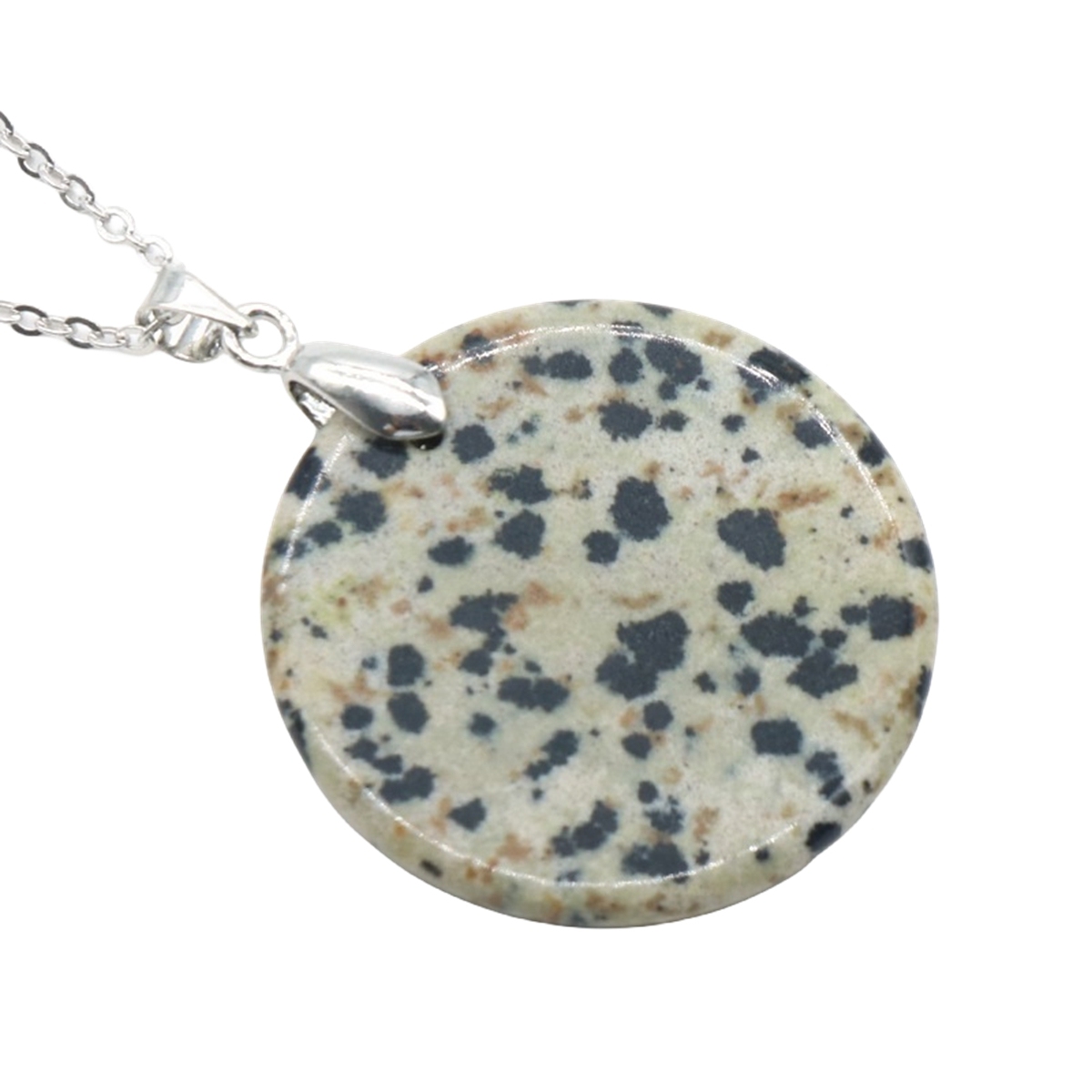 30MM Flat Round Gemstone Disc Pendant Necklace 45CM Silver O Chain