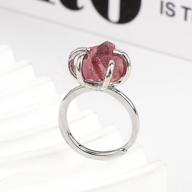 Raw Crystal Silver Adjustable Gemstone Rings for Women Girls