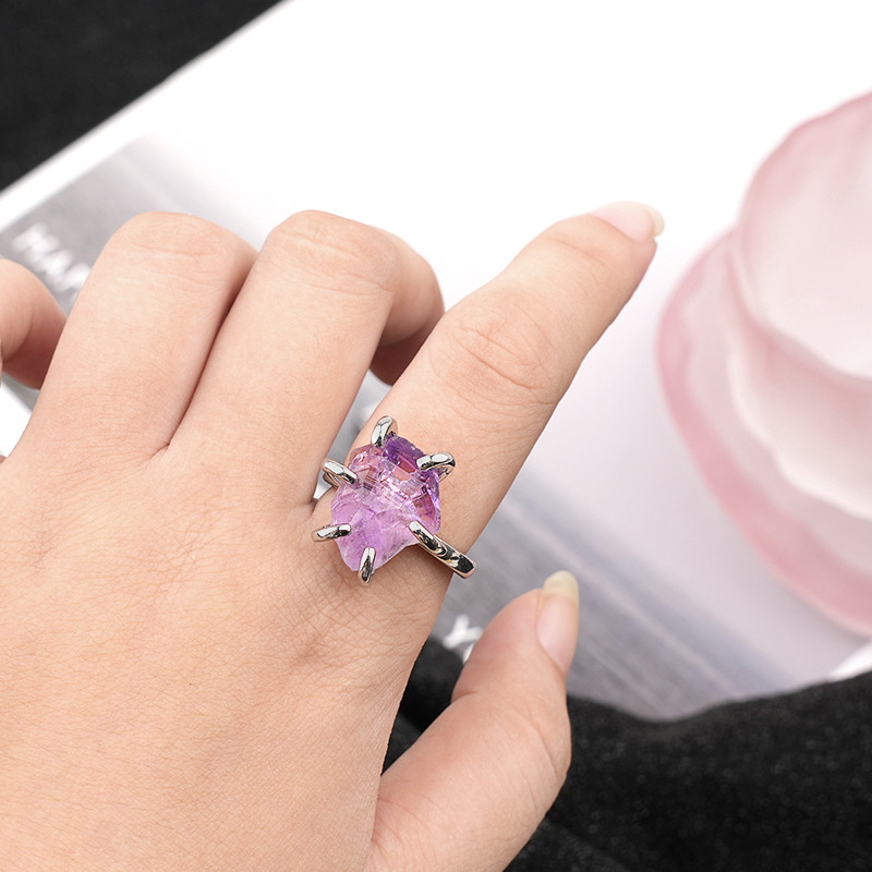 Raw Crystal Silver Adjustable Gemstone Rings for Women Girls