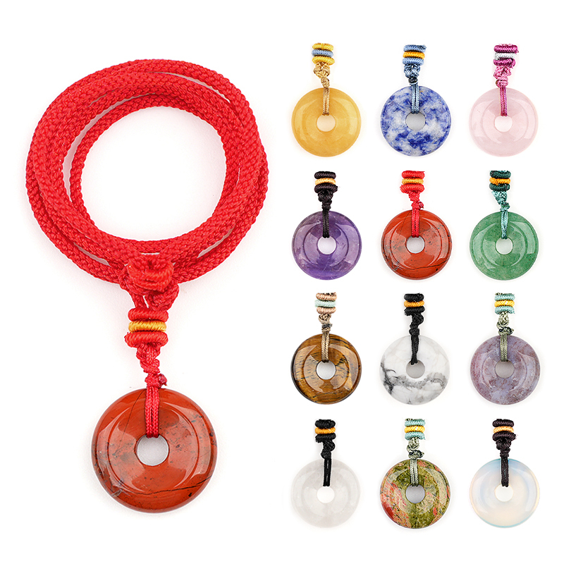 30MM Round Disc Lucky Coin Pingan Pendant Necklace Adjustable Colorful Rope
