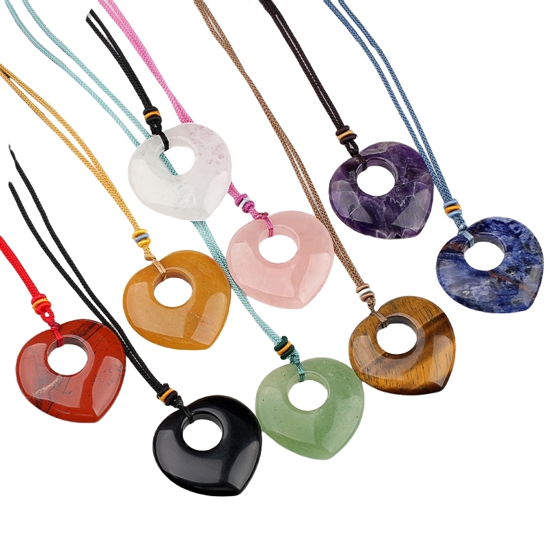 Gemstone 40MM Love Heart Stone Pendant Necklace Adjustable Rope