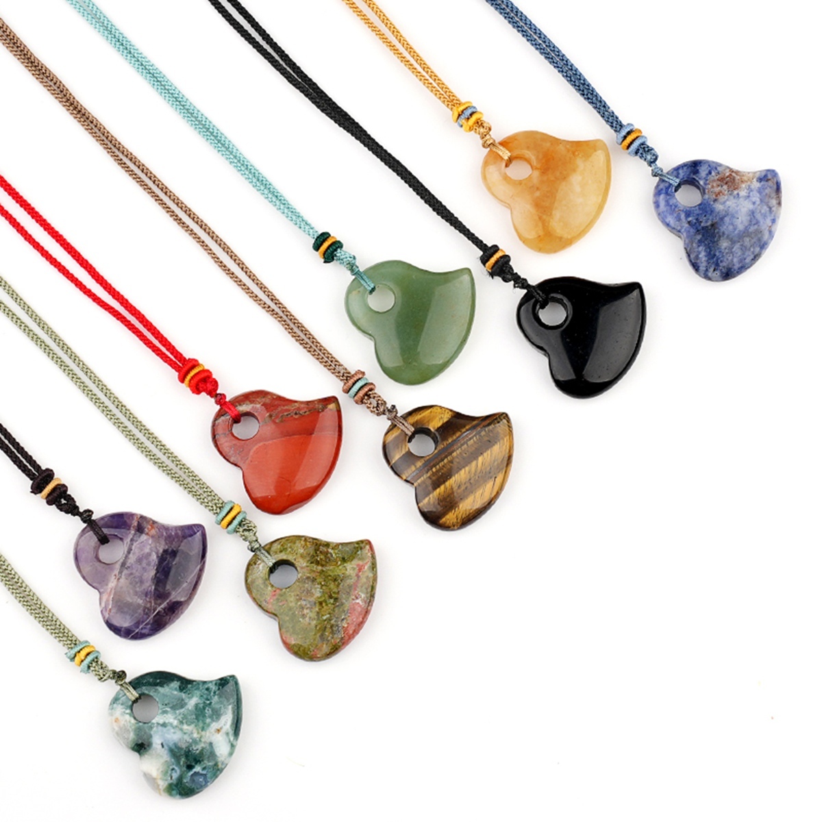 30MM Love Heart Stone Pendant Necklace Adjustable Colorful Rope