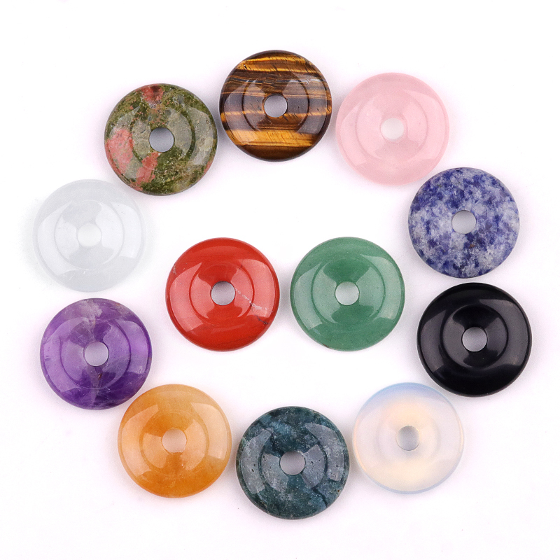 30MM Round Disc Lucky Coin Pingan Pendant for Jewelry Making Polished Crystal Amulet Peace Circle Donut Stone Beads 6MM Large Hole in Middle