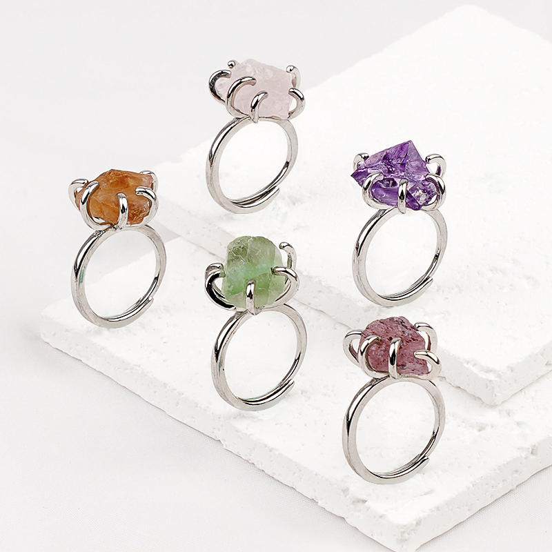 Raw Crystal Silver Adjustable Gemstone Rings for Women Girls