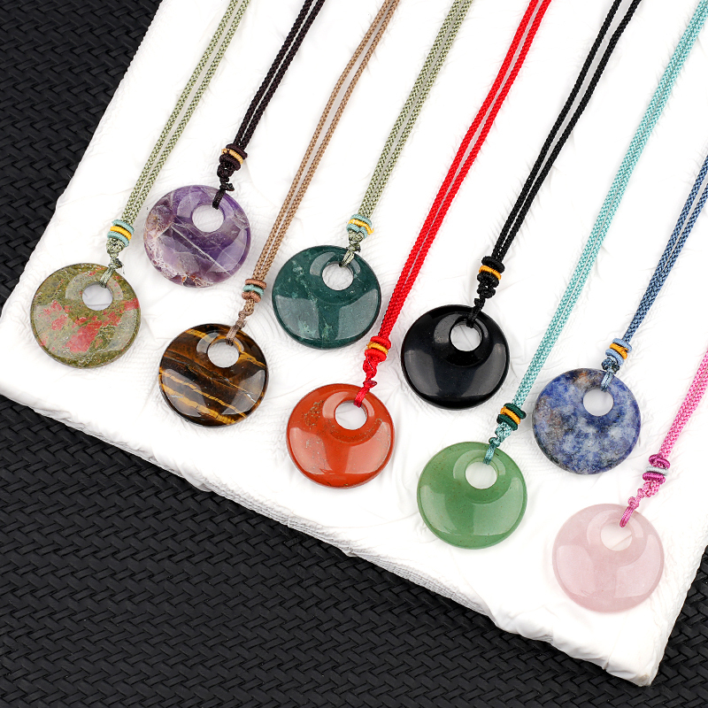 30MM Round Disc Lucky Coin Pingan Pendant Necklace Adjustable Rope