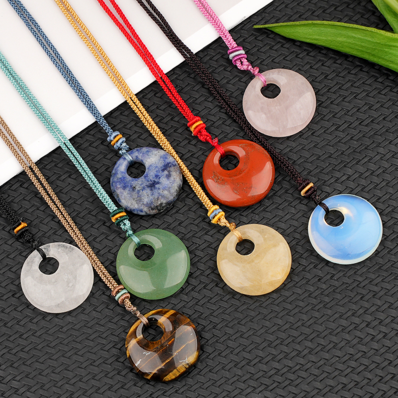 30MM Round Disc Lucky Coin Pingan Pendant Necklace Adjustable Rope