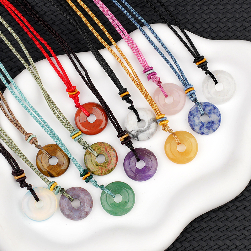 30MM Round Disc Lucky Coin Pingan Pendant Necklace Adjustable Colorful Rope
