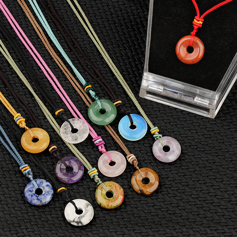 30MM Round Disc Lucky Coin Pingan Pendant Necklace Adjustable Colorful Rope