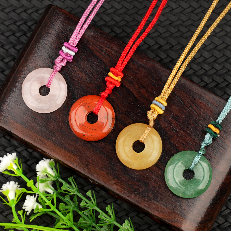 30MM Round Disc Lucky Coin Pingan Pendant Necklace Adjustable Colorful Rope
