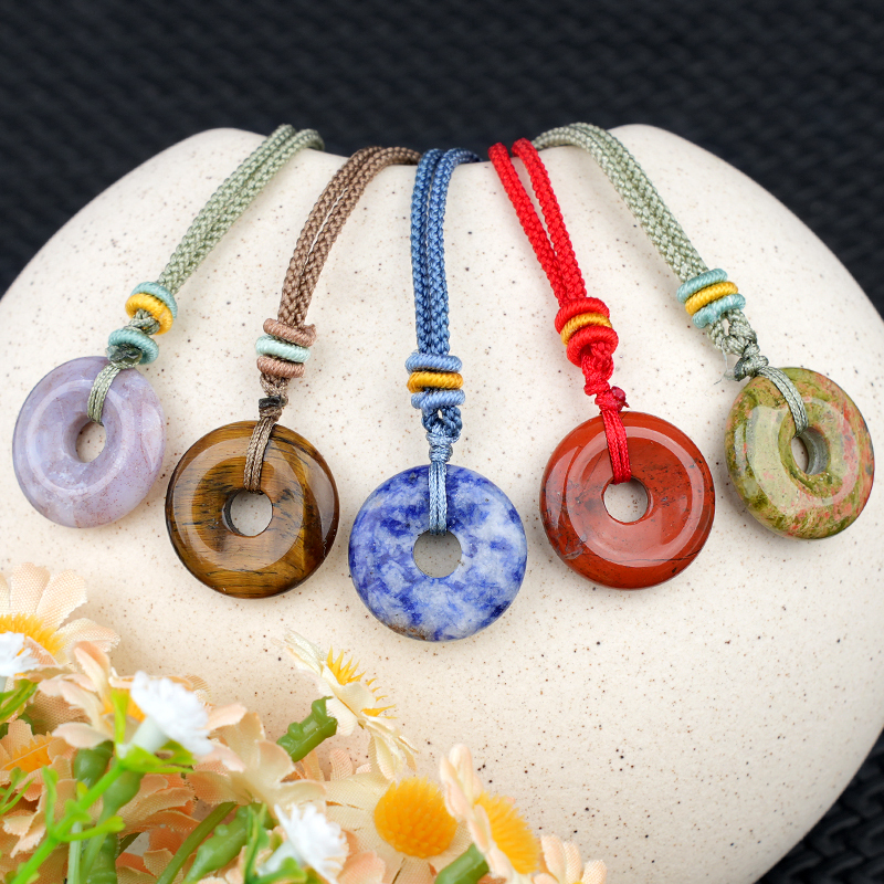 30MM Round Disc Lucky Coin Pingan Pendant Necklace Adjustable Colorful Rope