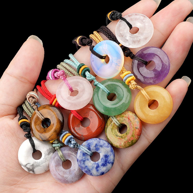 30MM Round Disc Lucky Coin Pingan Pendant Necklace Adjustable Colorful Rope