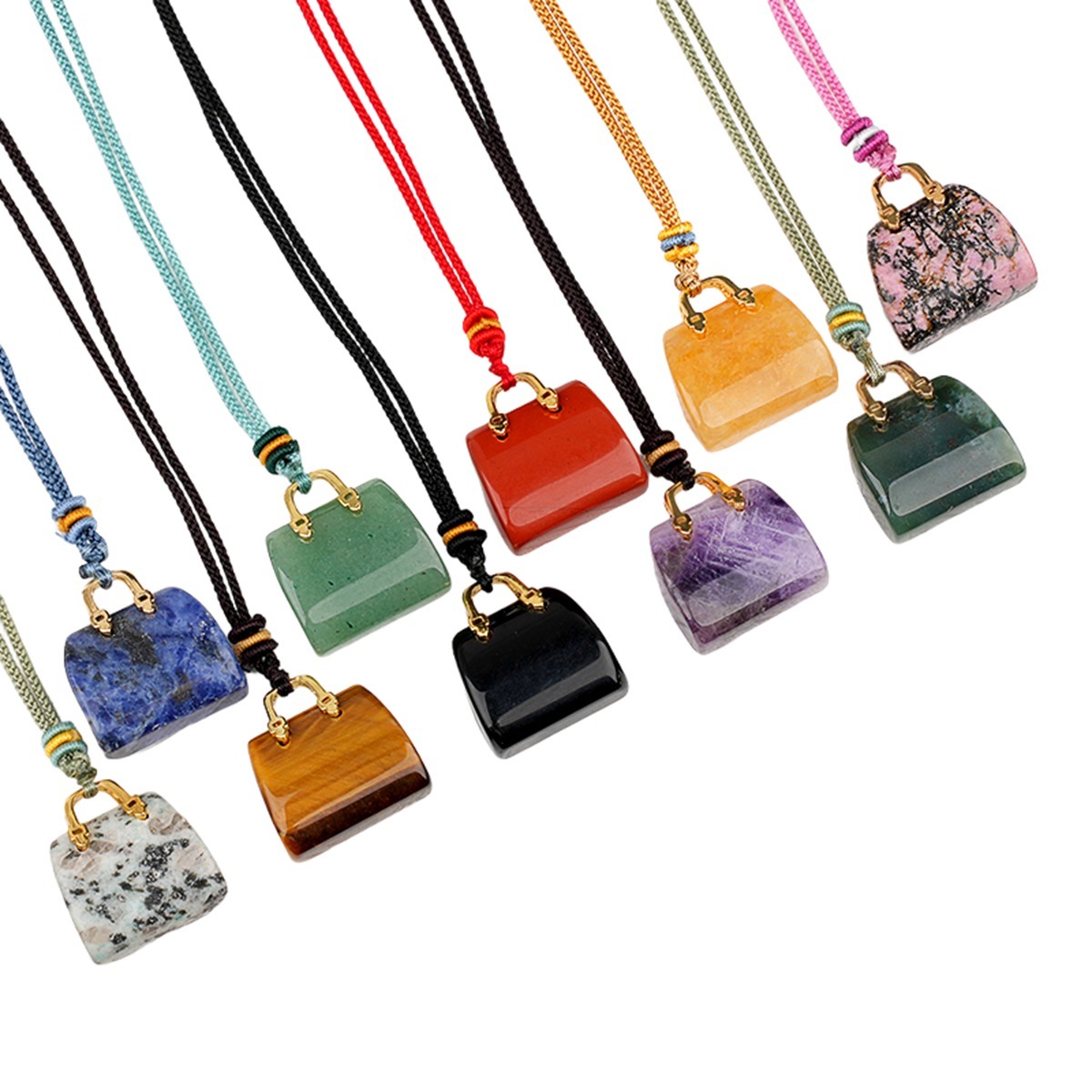 Gold Handbag Gemstone Pendant Necklace Adjustable Rope