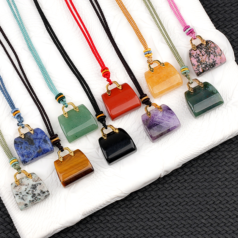 Gold Handbag Gemstone Pendant Necklace Adjustable Rope