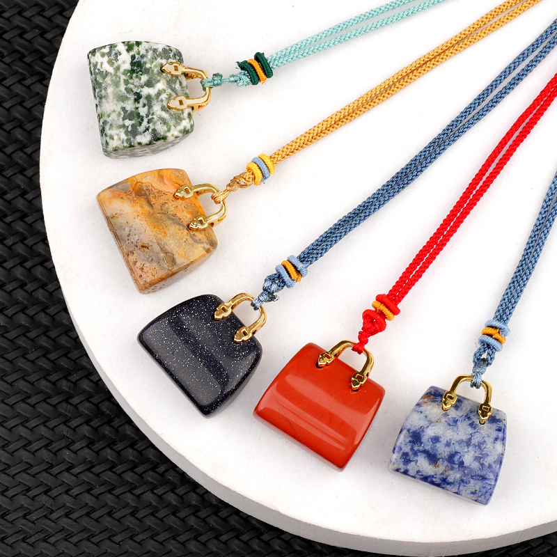 Gold Handbag Gemstone Pendant Necklace Adjustable Rope
