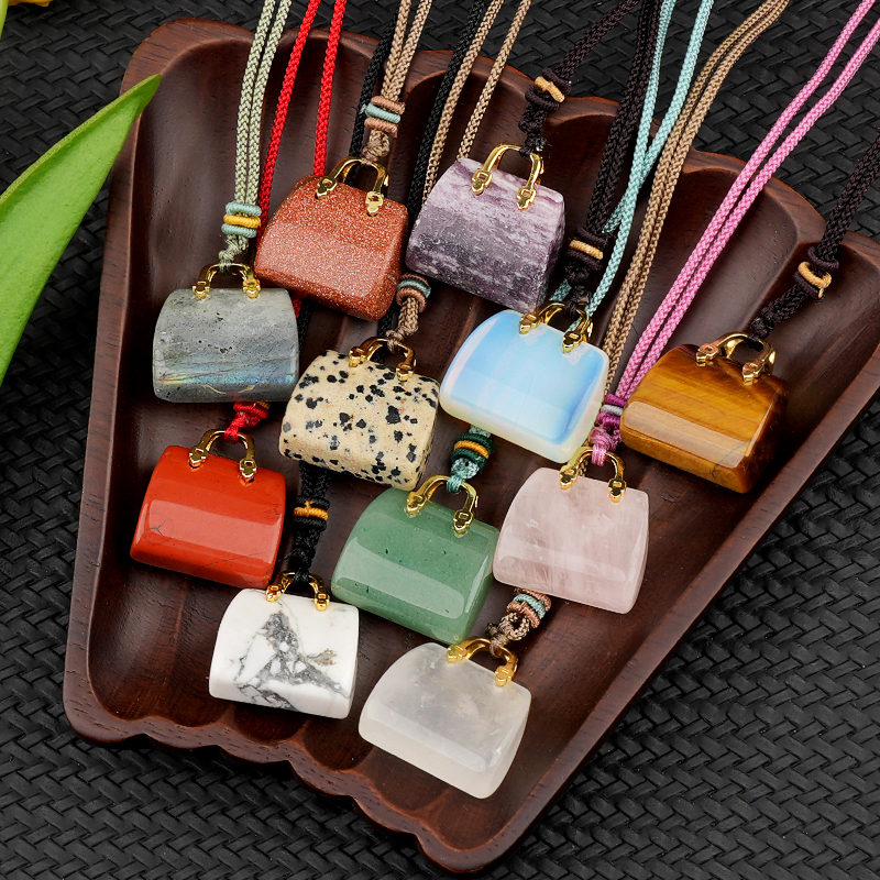 Gold Handbag Gemstone Pendant Necklace Adjustable Rope
