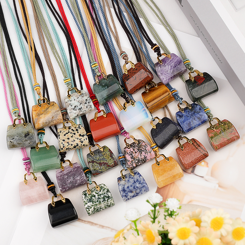 Gold Handbag Gemstone Pendant Necklace Adjustable Rope
