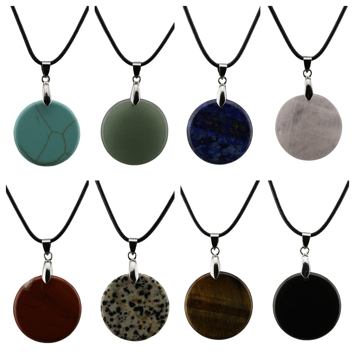 30MM Flat Round Gemstone Disc Pendant Necklace 45cm Black Cord