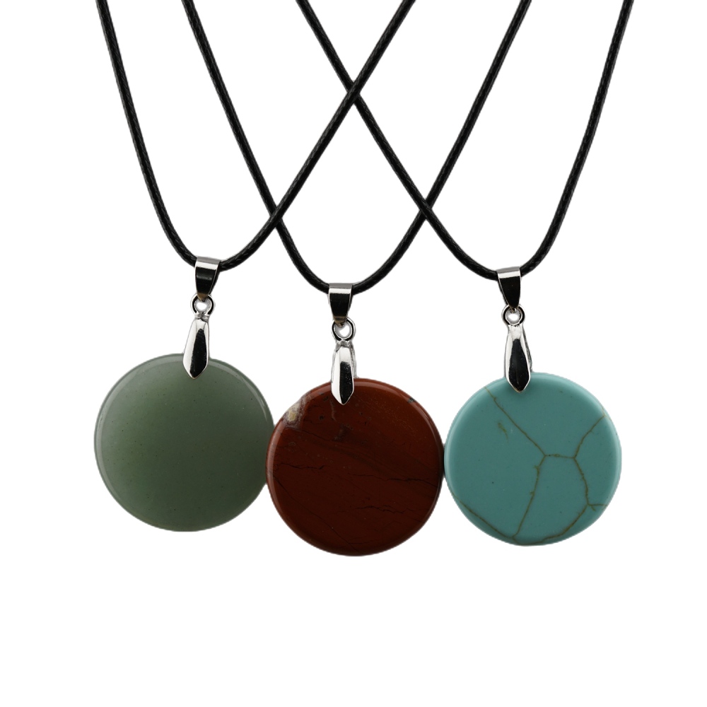 30MM Flat Round Gemstone Disc Pendant Necklace 45cm Black Cord