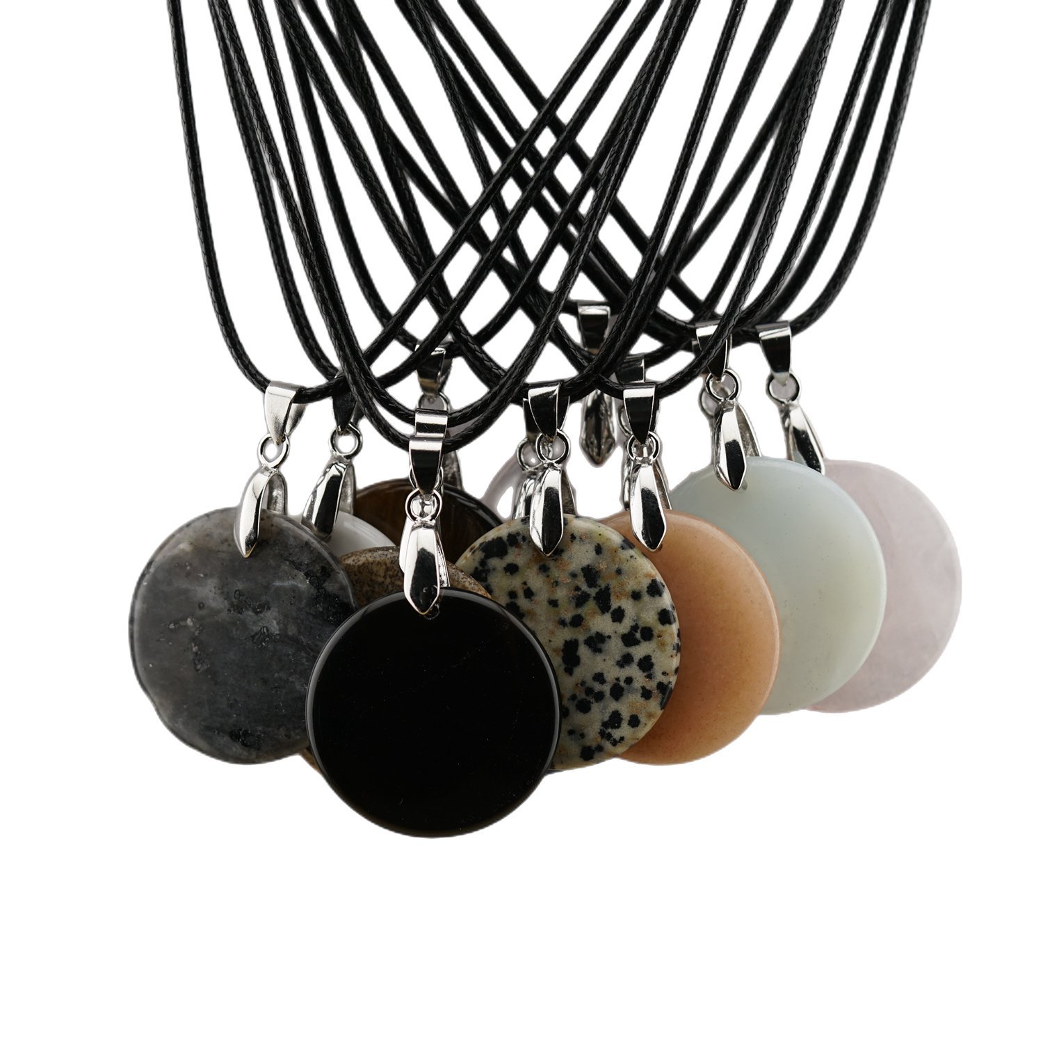 30MM Flat Round Gemstone Disc Pendant Necklace 45cm Black Cord