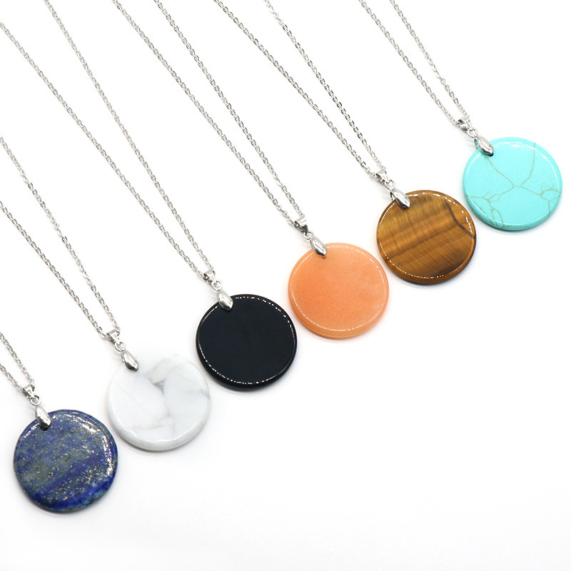 30MM Flat Round Gemstone Disc Pendant Necklace 45CM Silver O Chain