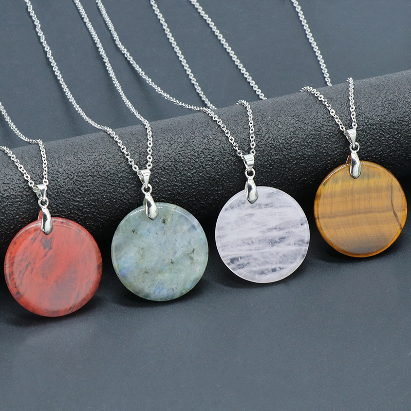 30MM Flat Round Gemstone Disc Pendant Necklace 45CM Silver O Chain