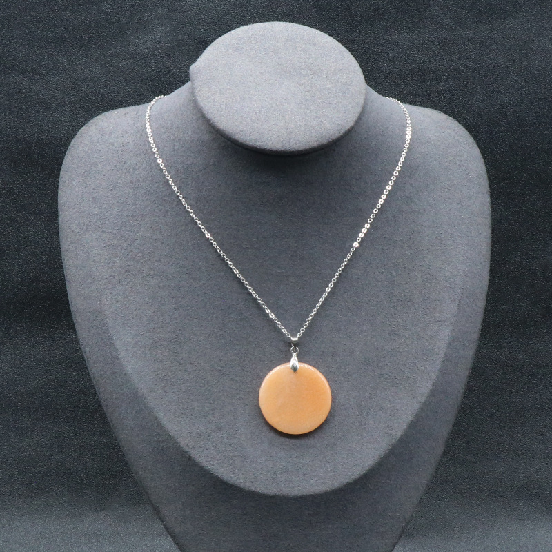 30MM Flat Round Gemstone Disc Pendant Necklace 45CM Silver O Chain