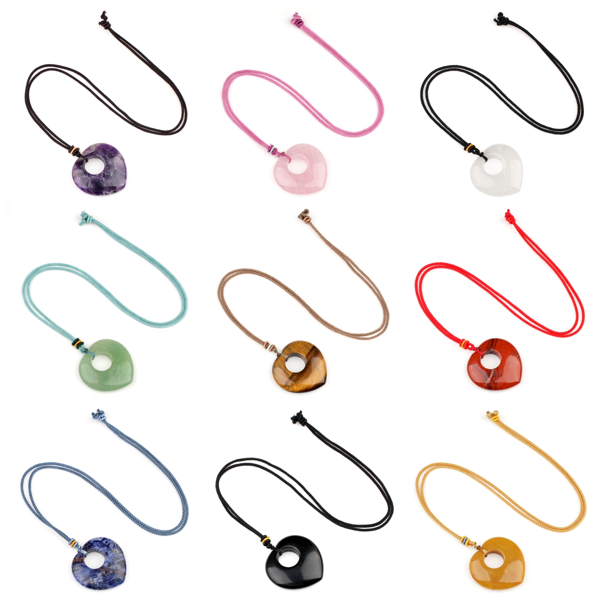 Gemstone 40MM Love Heart Stone Pendant Necklace Adjustable Rope