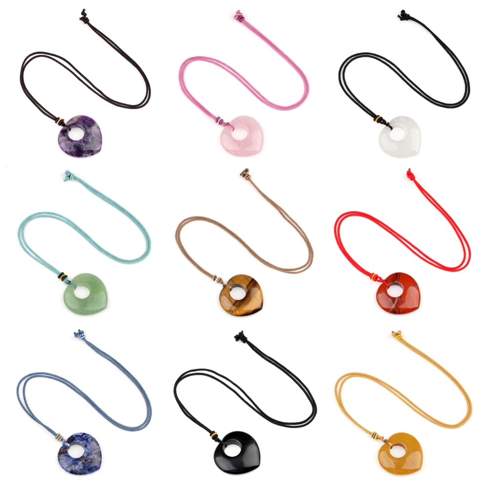 Gemstone 40MM Love Heart Stone Pendant Necklace Adjustable Rope
