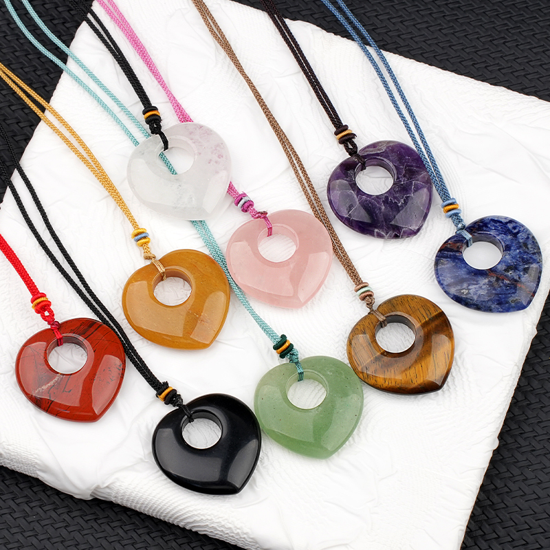 Gemstone 40MM Love Heart Stone Pendant Necklace Adjustable Rope