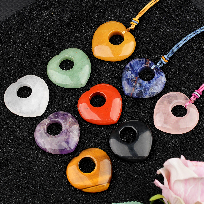 Gemstone 40MM Love Heart Stone Pendant Necklace Adjustable Rope